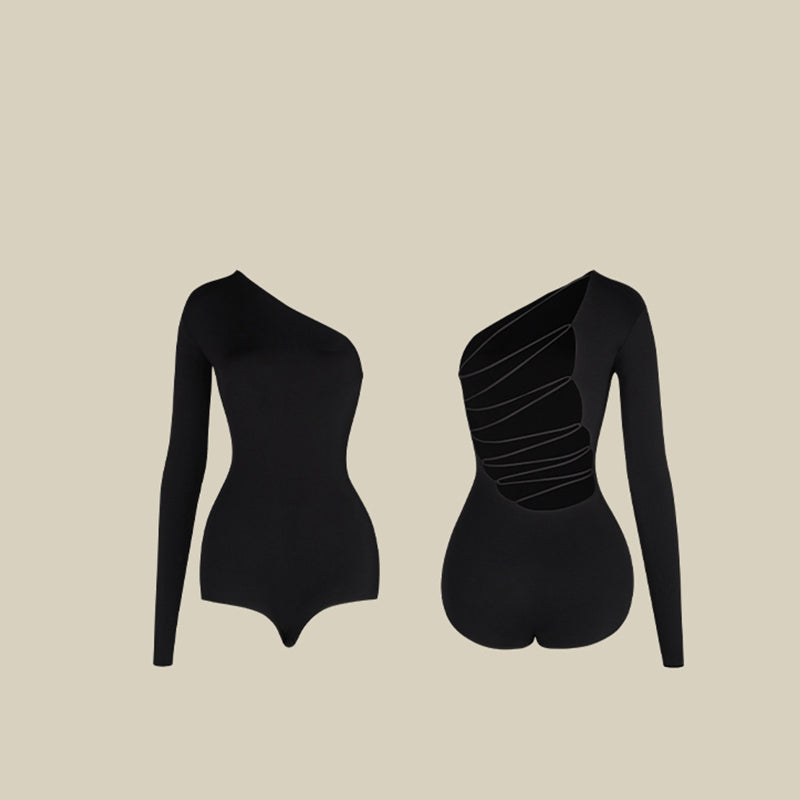 Z Women's Black One-Shoulder Long Sleeve Dance Wear Bodysuit Leotards