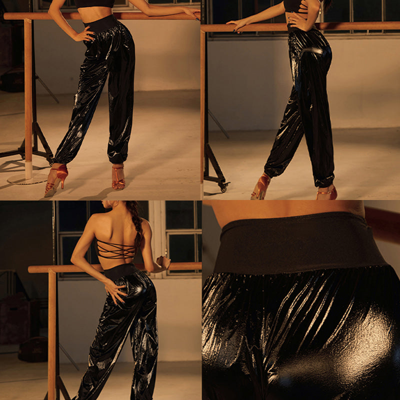 Z Women's Black Glossy High Waist Pants Latin Dance Wear Training Performance Pants