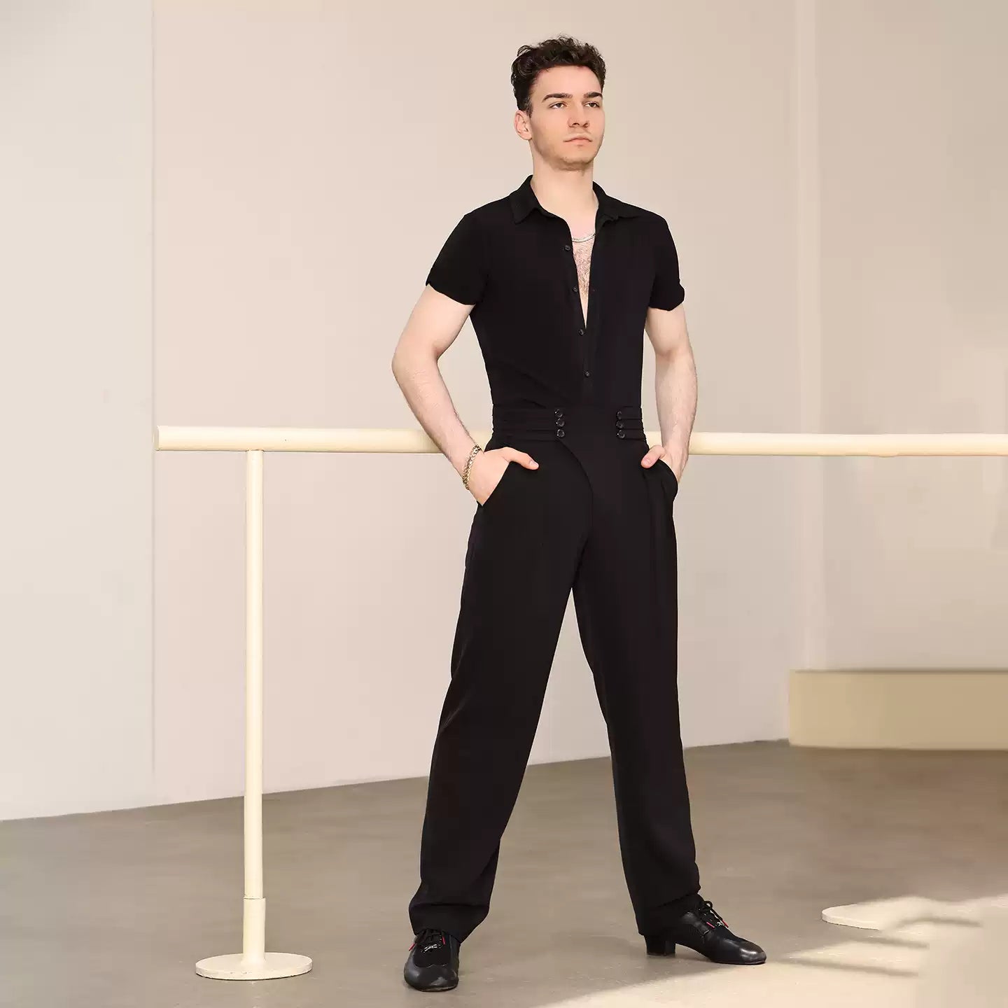 YES Men's Black Short Sleeves Latin Dance Tops Dance Wear