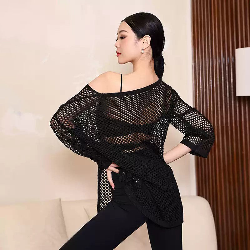 YES Women's Black Mesh Long Sleeve Latin Dance Dress Dance Wear Training Performance Dress