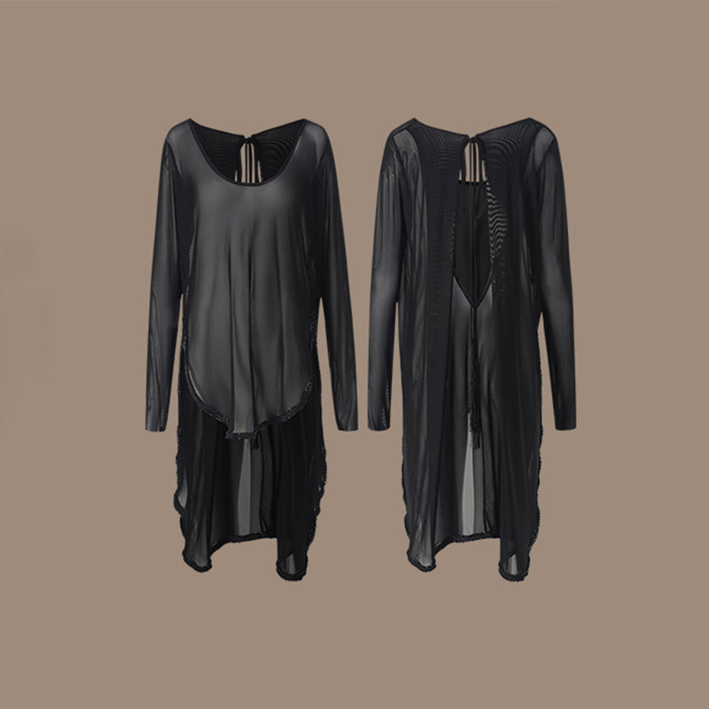 Z Women's Long Sleeve Mesh Latin Dance Dress Dance Wear Training Performance Dress