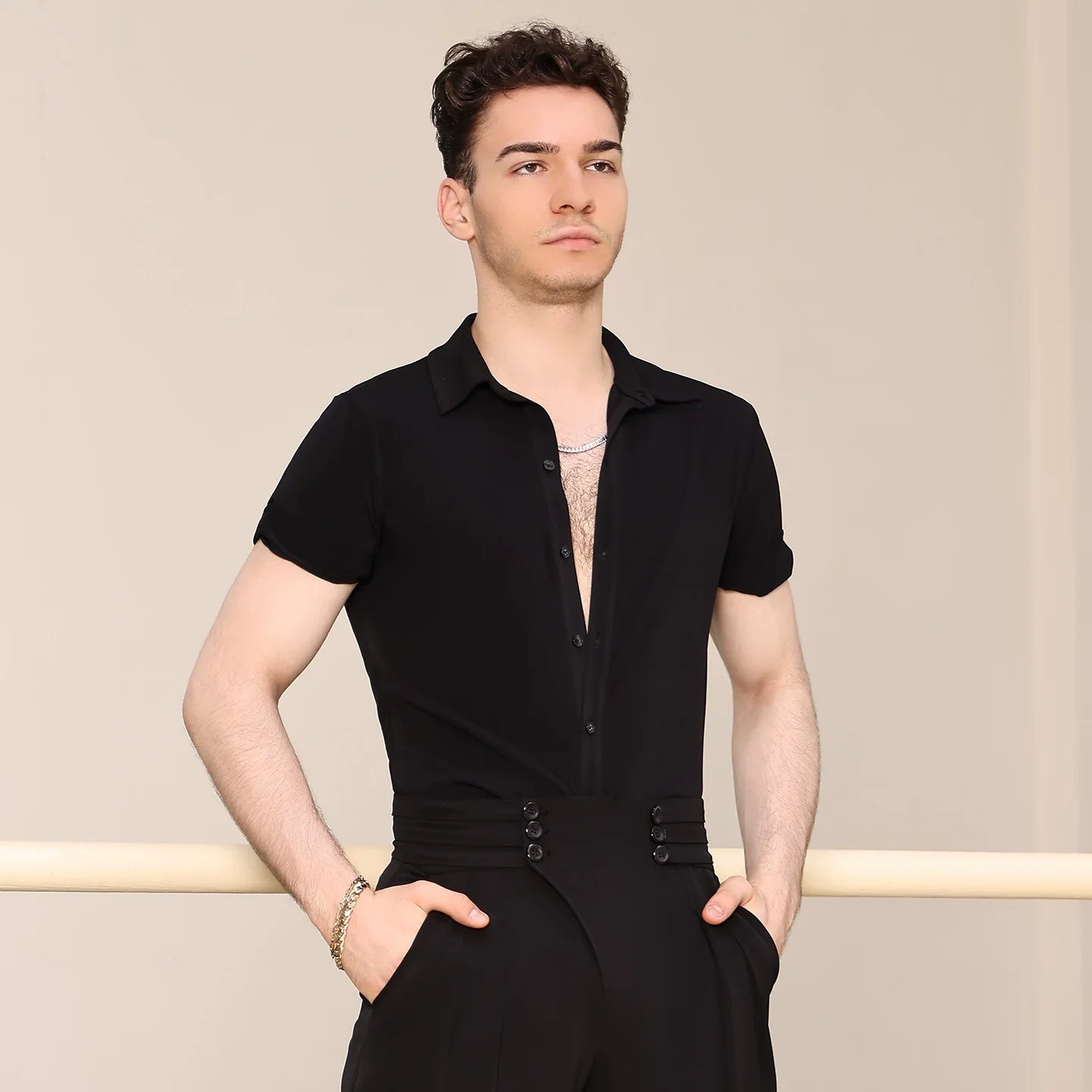 YES Men's Black Short Sleeves Latin Dance Tops Dance Wear