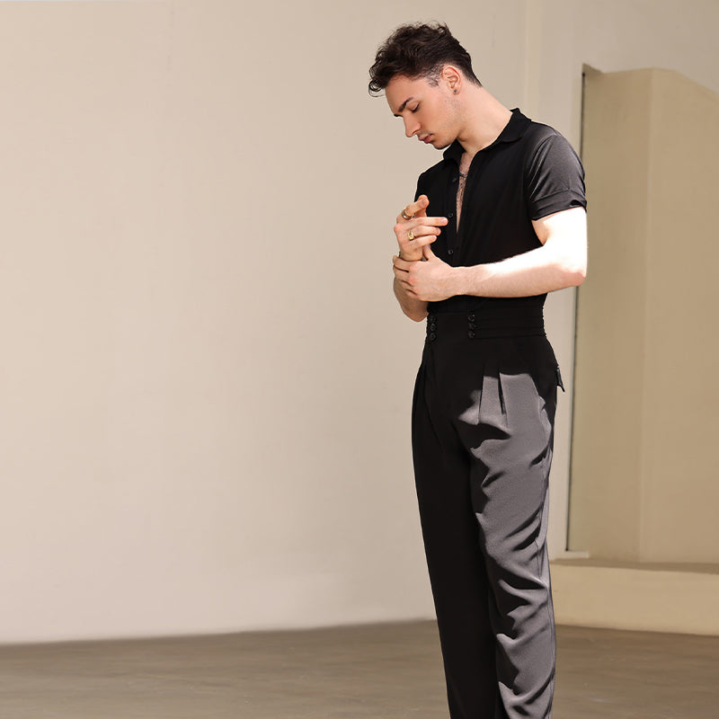 YES Men's Black Short Sleeves Latin Dance Tops Dance Wear