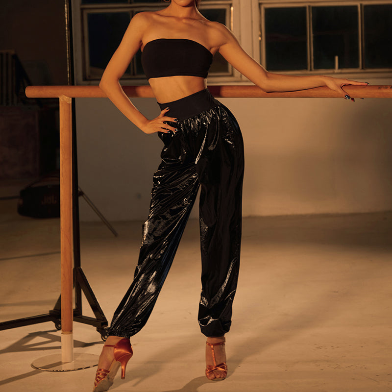 Z Women's Black Glossy High Waist Pants Latin Dance Wear Training Performance Pants