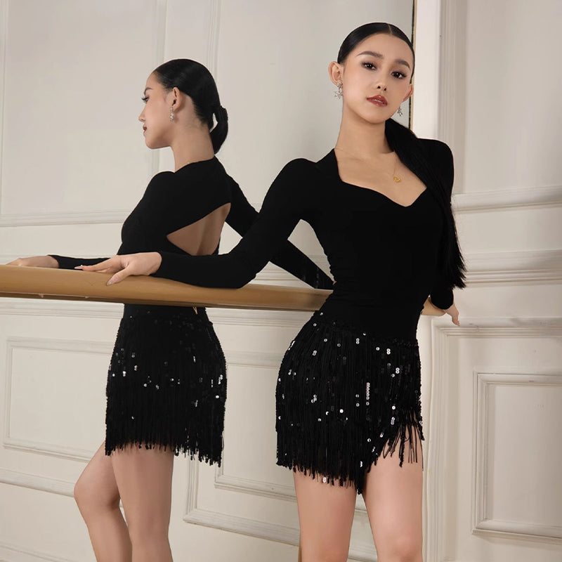 Yes Women's Black Sequin Tassel Latin Dance Skirt Training Performance Skirts DanceWear