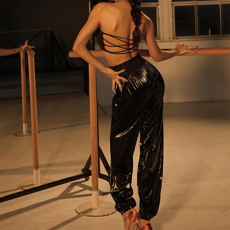 Z Women's Black Glossy High Waist Pants Latin Dance Wear Training Performance Pants