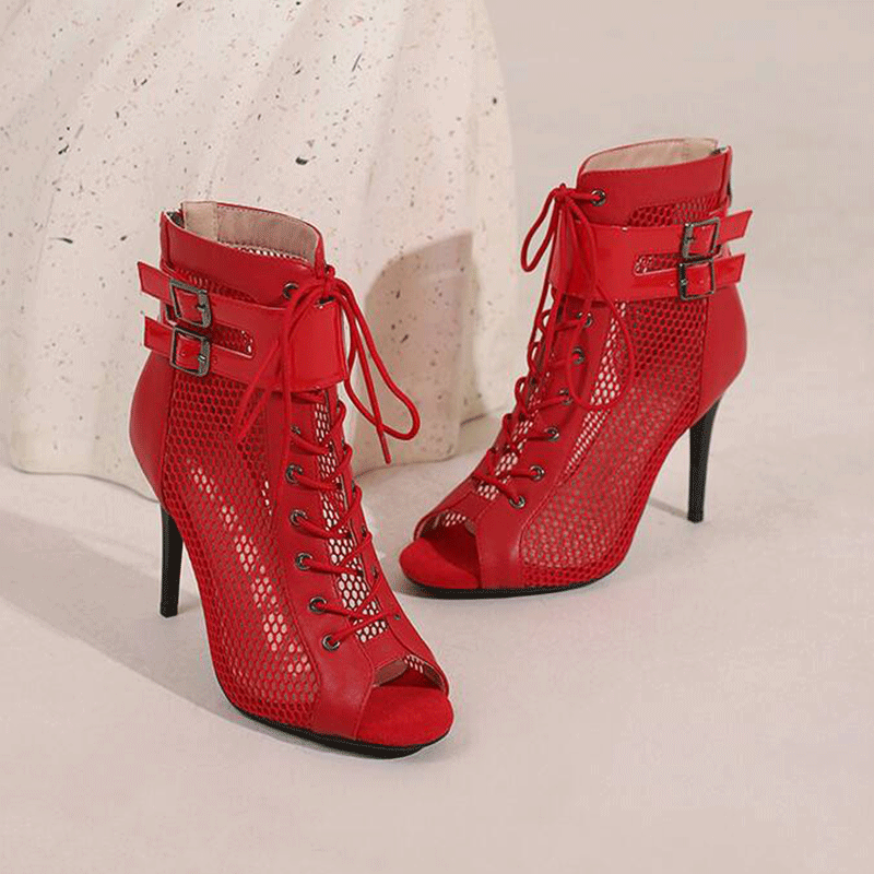 AJ Women's 10 cm Heel Rubber Sole Leatherette Jazz Shoes Open Toe Dance Heels Boots