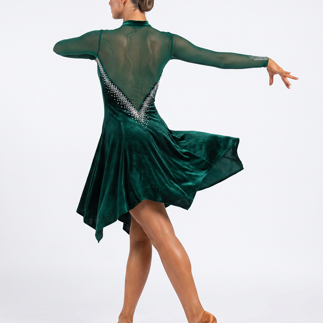 Customisable-Women's Performance Long Sleeve Velvet Tassels Latin Salsa Dance Dress Competition Dress