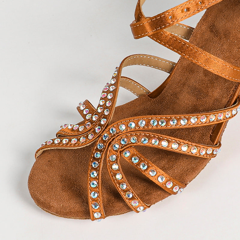Women's Bronze Customized Heel Satin Rhinestones Strappy Latin Dance Shoes