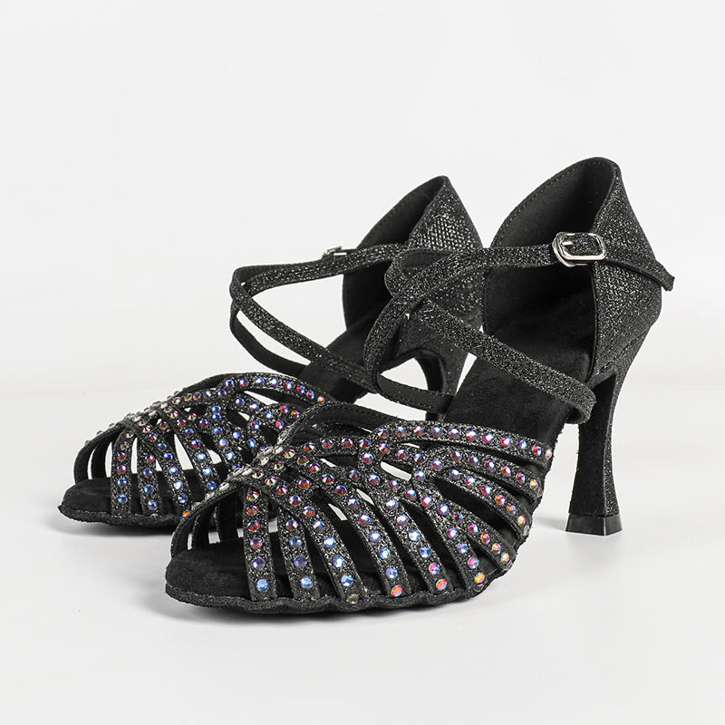 DS Women's Black Satin Rhinestones Sandal Customized Heel Latin Dance Shoes Dance Heels