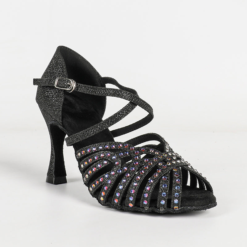 DS Women's Black Satin Rhinestones Sandal Customized Heel Latin Dance Shoes Dance Heels