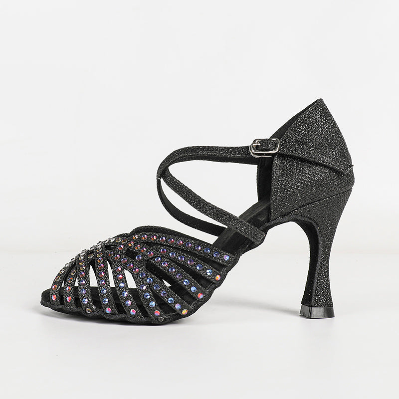 DS Women's Black Satin Rhinestones Sandal Customized Heel Latin Dance Shoes Dance Heels