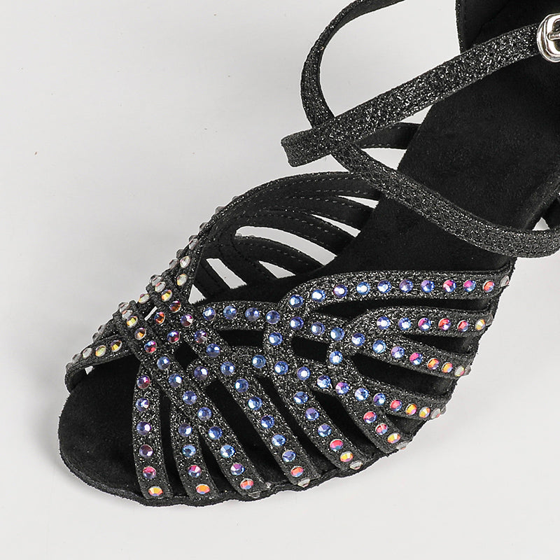 DS Women's Black Satin Rhinestones Sandal Customized Heel Latin Dance Shoes Dance Heels