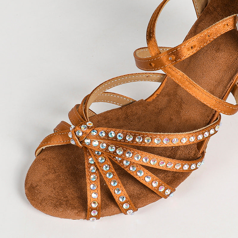 Women's Brown Customized Heel Strappy Knot Dance Shoes With Crystals Latin Dance Shoes