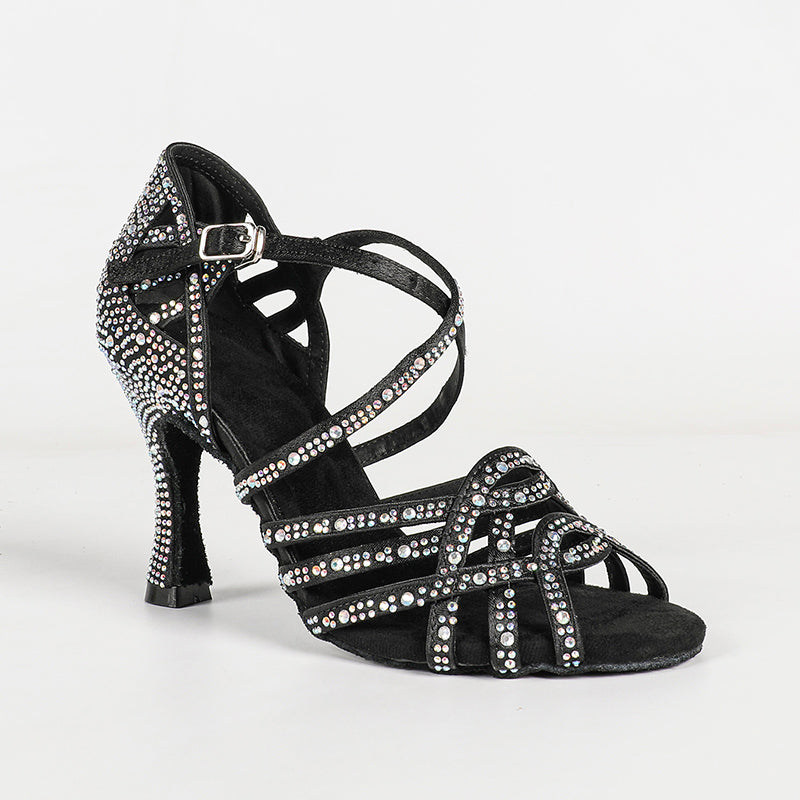 Women's Black Customized Heel Satin Rhinestones Strappy Dance Shoes