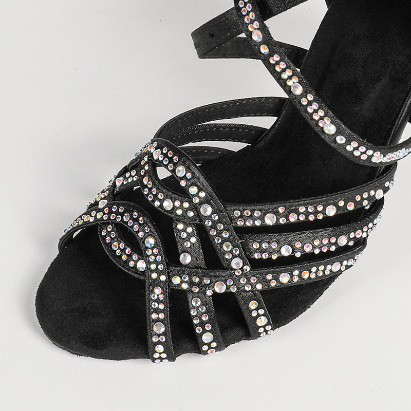 Women's Black Customized Heel Satin Rhinestones Strappy Dance Shoes