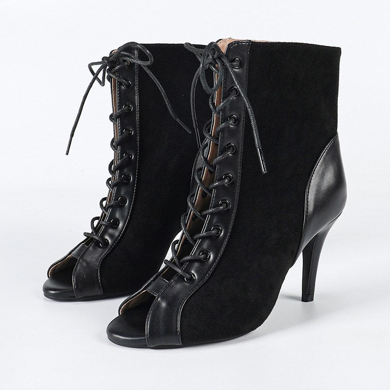 Women's Customized Heel Suede Jazz Shoes Rubber Sole Open Toe Cut Out Bootie Dance Boots