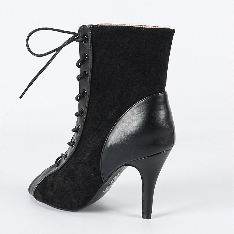 Women's Customized Heel Suede Jazz Shoes Rubber Sole Open Toe Cut Out Bootie Dance Boots