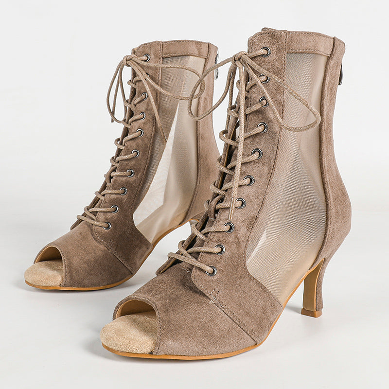 Women's PU Rubber Sole Coffee Customized Dance Heels Boots Jazz Salsa Dancing Shoes