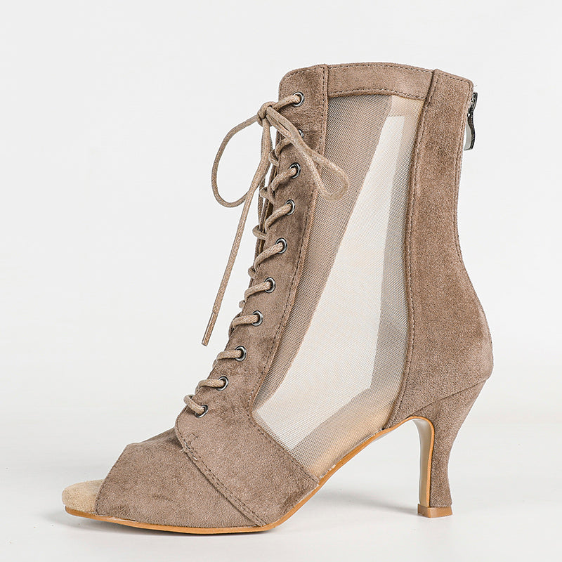 Women's PU Rubber Sole Coffee Customized Dance Heels Boots Jazz Salsa Dancing Shoes