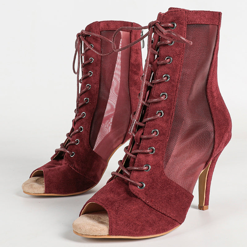 Women's PU Rubber Sole Wine Red Customized Dance Heels Boots Jazz Salsa Dancing Shoes