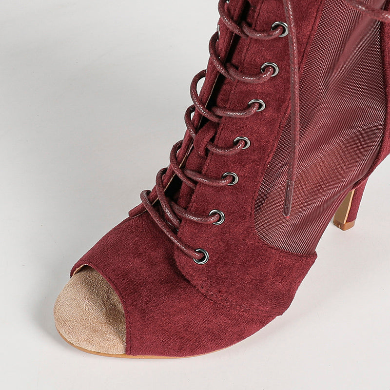 Women's PU Rubber Sole Wine Red Customized Dance Heels Boots Jazz Salsa Dancing Shoes