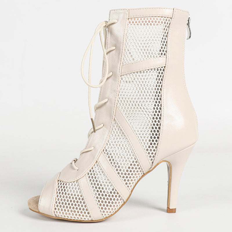 Women's Beige Customized Dance Heels Rubber Sole Peep Toe Lace-up Jazz Shoes Dance Boots