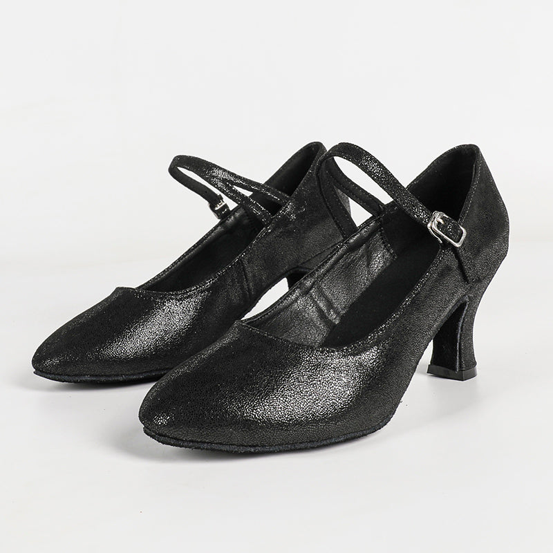 YW Women's Black Real Leather Customized Heels Ballroom Dance Shoes Modern Dance Shoes