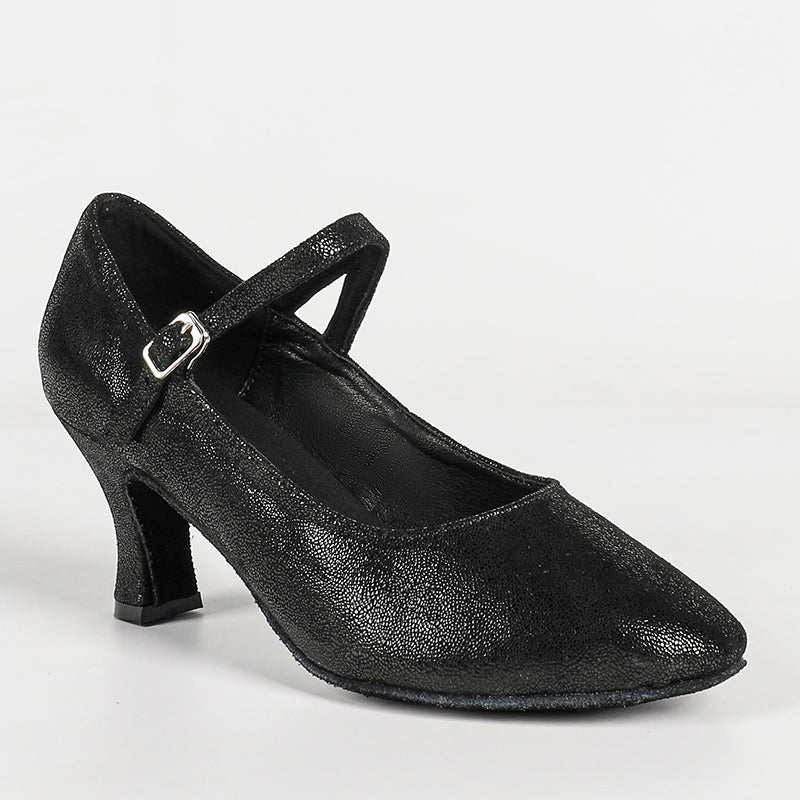 YW Women's Black Real Leather Customized Heels Ballroom Dance Shoes Modern Dance Shoes
