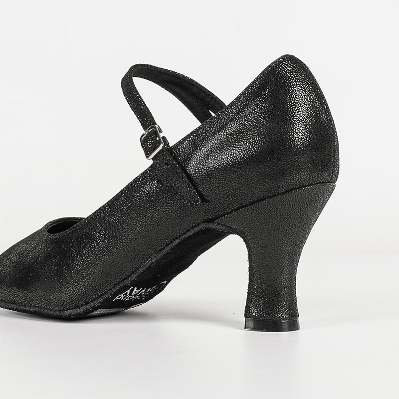 YW Women's Black Real Leather Customized Heels Ballroom Dance Shoes Modern Dance Shoes