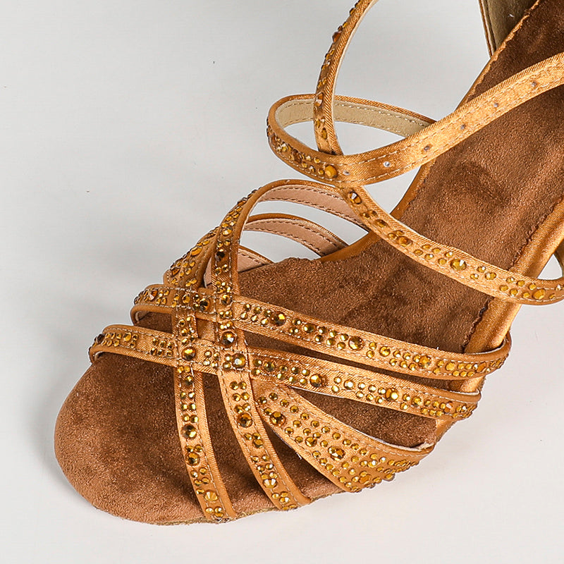Women's Brown 9cm Strappy Satin Rhinestones Sandal Latin Dance Shoes