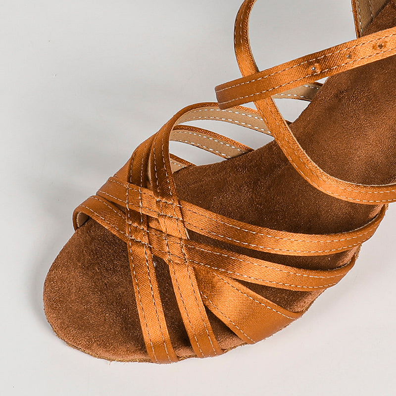 HW Women's Bronze Customized Heel Satin Strappy Dance Shoes Latin Dance Shoes
