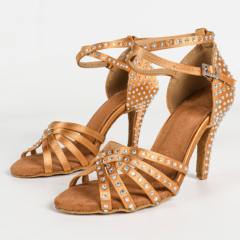 Women's Bronze Satin Rhinestones Customized Heel Latin Dance Shoes