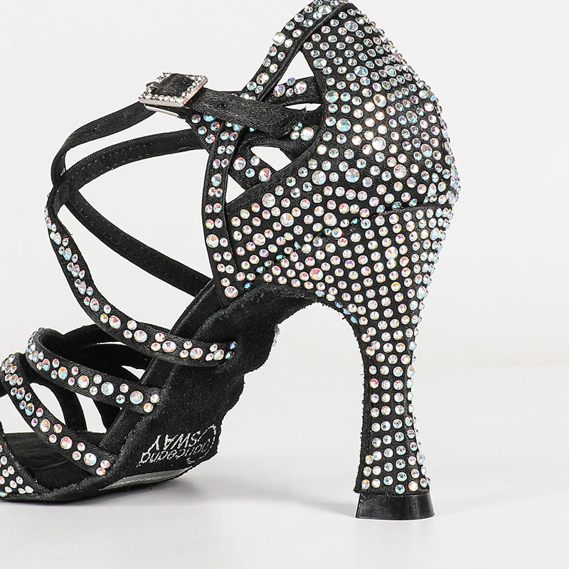 Women's Black Customized Heel Strappy Dance Shoes With Crystals