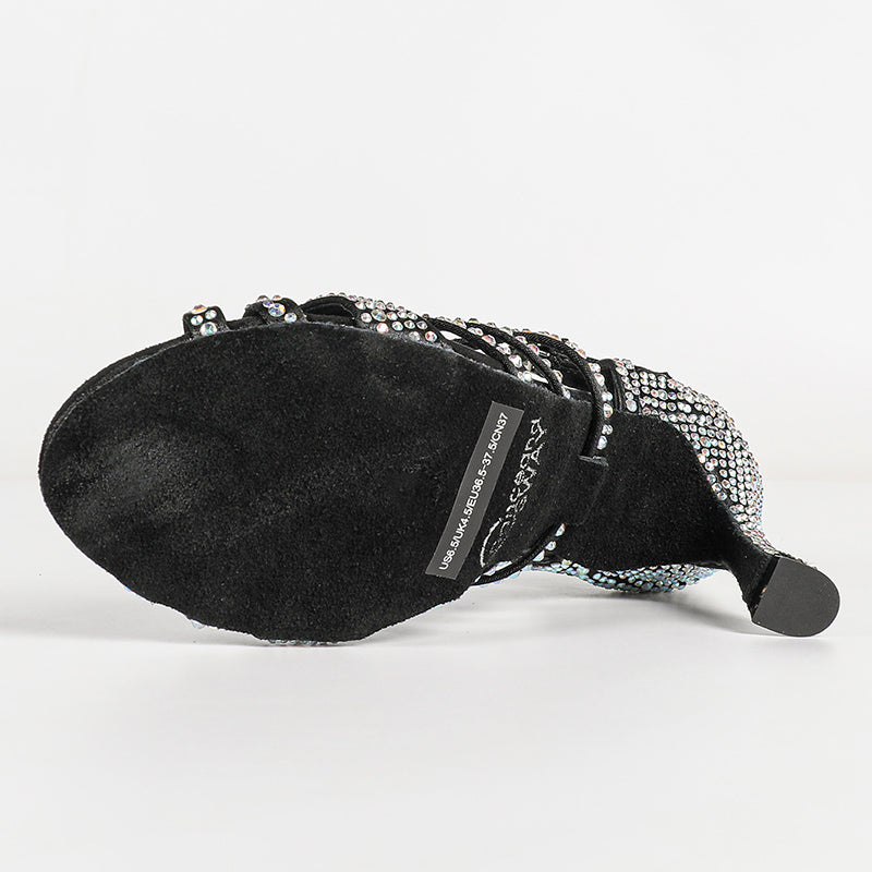 Women's Black Customized Heel Strappy Dance Shoes With Crystals