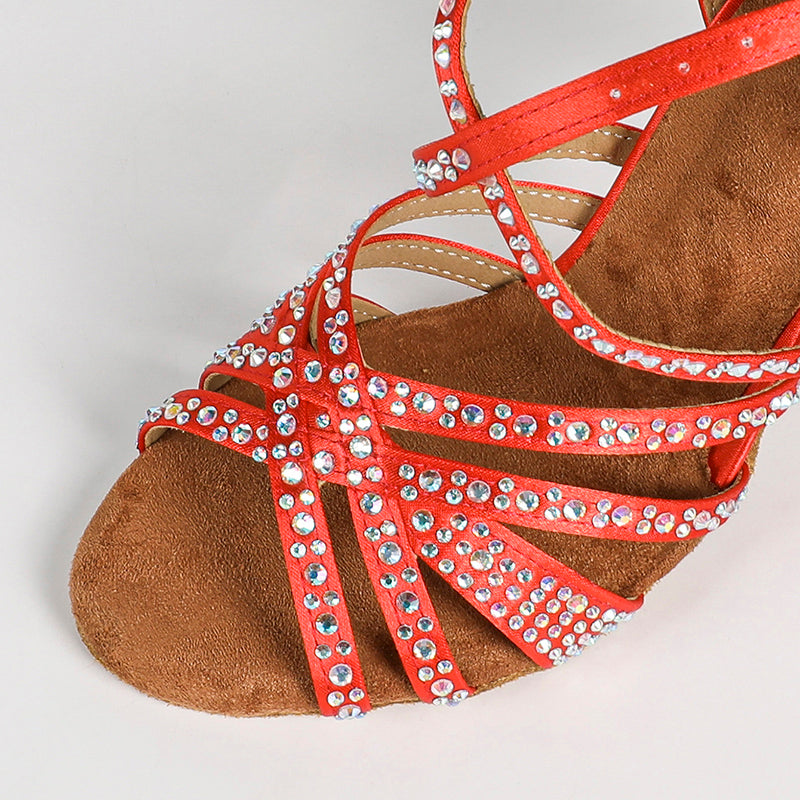Women's Red Customized Heel Strappy Dance Shoes With Crystals