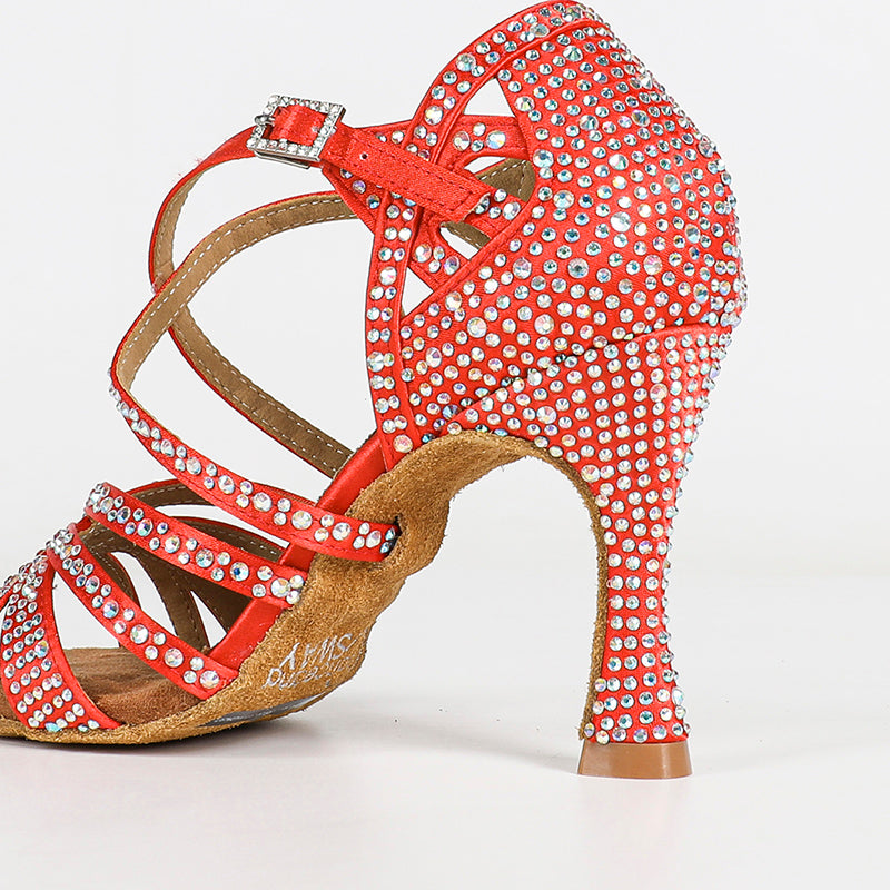 Women's Red Customized Heel Strappy Dance Shoes With Crystals