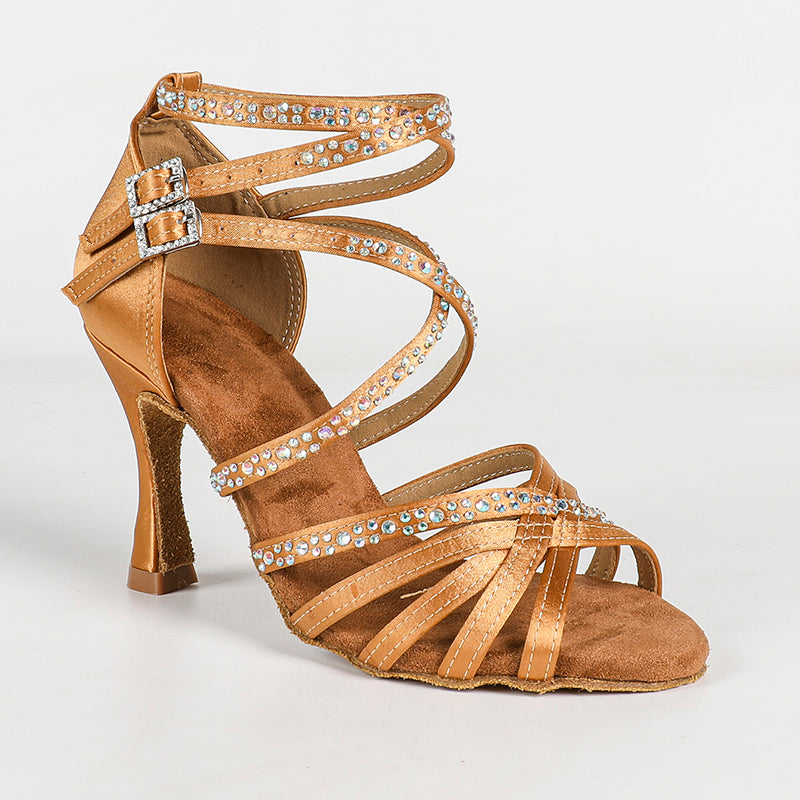 HW Women's Bronze Customized Heel Strappy Satin Rhinestones Dance Heels Latin Dance Shoes