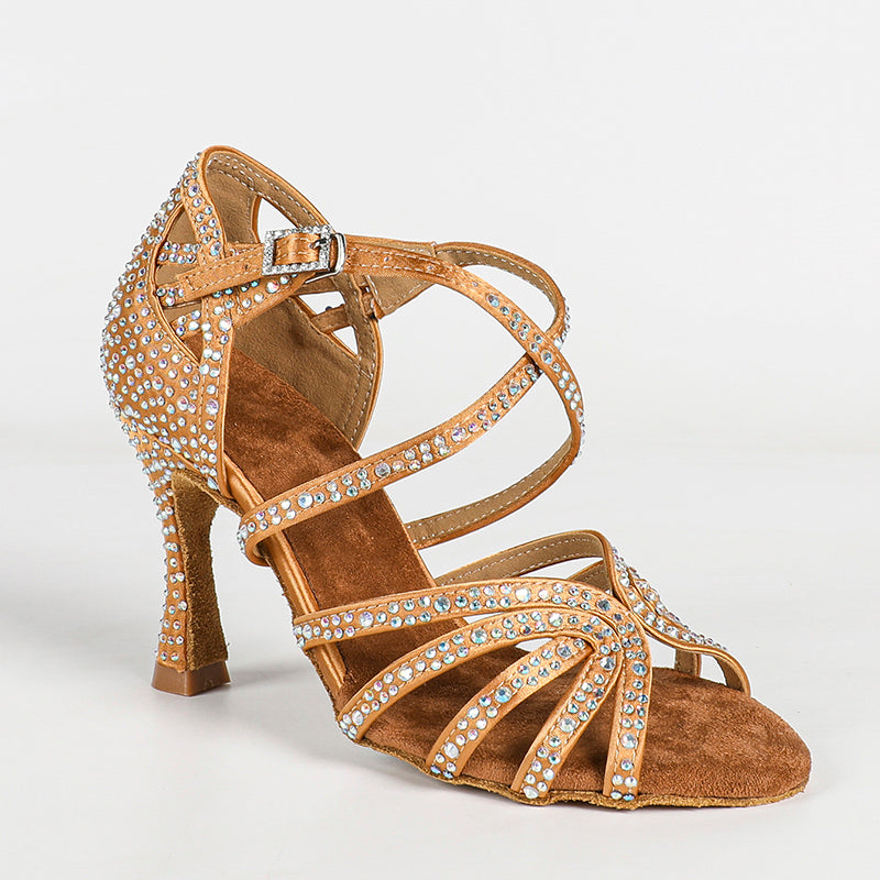 Women's Bronze Strappy Satin Rhinestones Customized Heel Dance Shoes