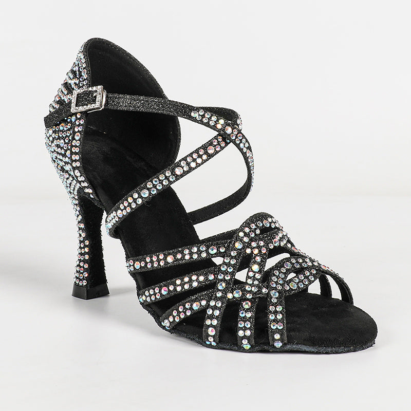 Women's Black Rhinestone Sparkling Glitter Customized Heel Dance Shoes