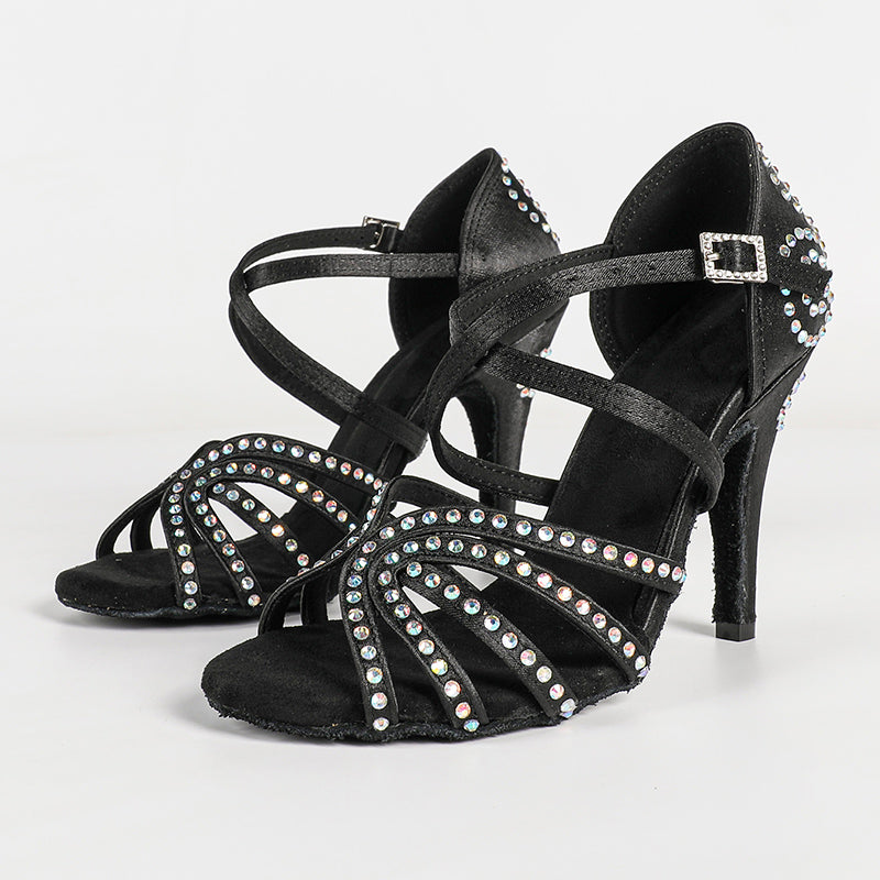 Women's Black Customized Heel Satin Rhinestones Strappy Ballroom Latin Dance Shoes