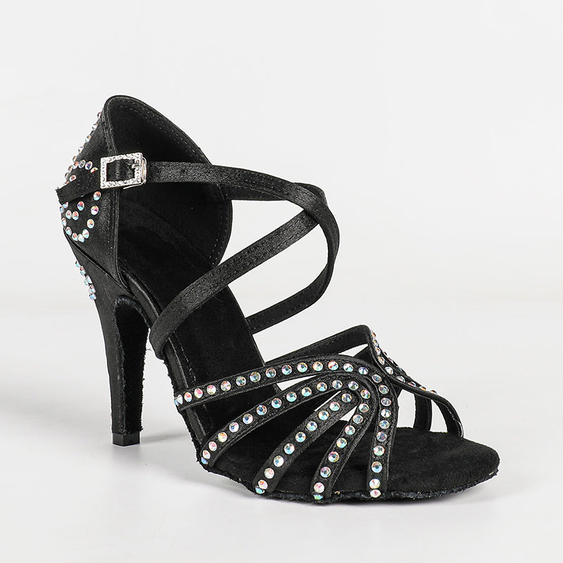 Women's Black Customized Heel Satin Rhinestones Strappy Ballroom Latin Dance Shoes
