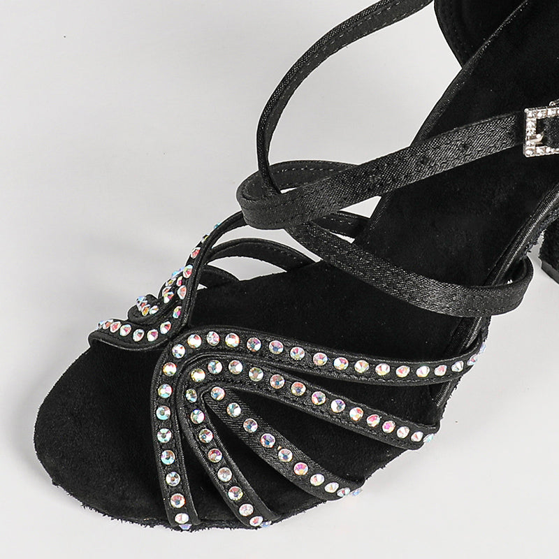 Women's Black Customized Heel Satin Rhinestones Strappy Ballroom Latin Dance Shoes