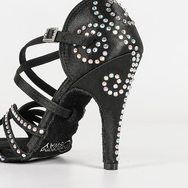 Women's Black Customized Heel Satin Rhinestones Strappy Ballroom Latin Dance Shoes