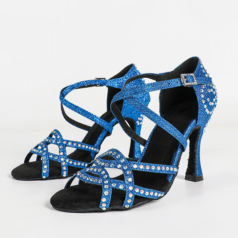 Women's Blue Rhinestone Satin Customized Heel Latin Dance Shoes