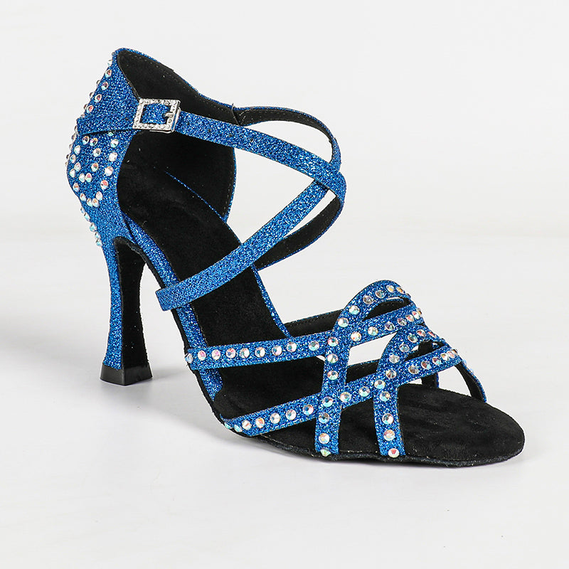 Women's Blue Rhinestone Satin Customized Heel Latin Dance Shoes