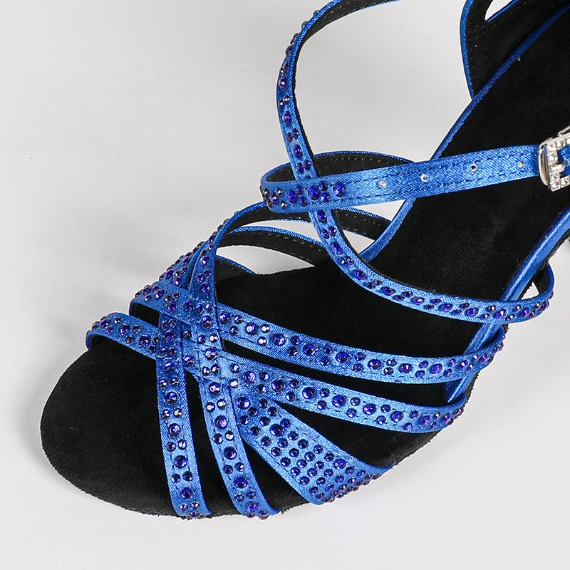 Women's Blue Customized Heel Strappy Dance Shoes With Crystals