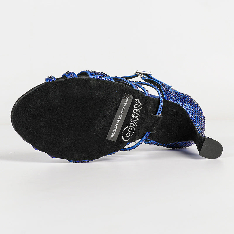 Women's Blue Customized Heel Strappy Dance Shoes With Crystals