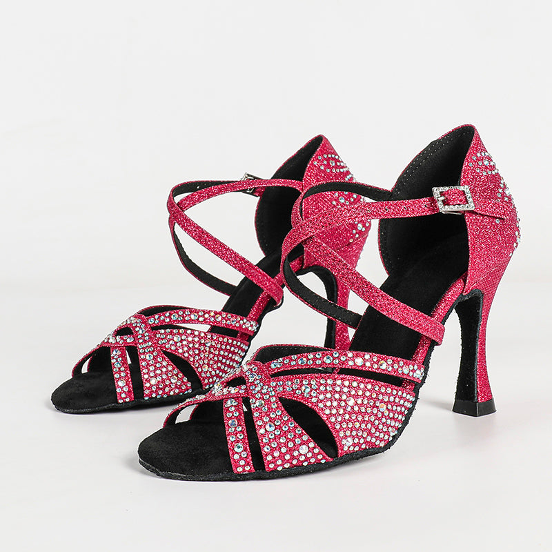 Women's Purple 10cm Heel Open Toe Strappy Dance Heels with Crystals