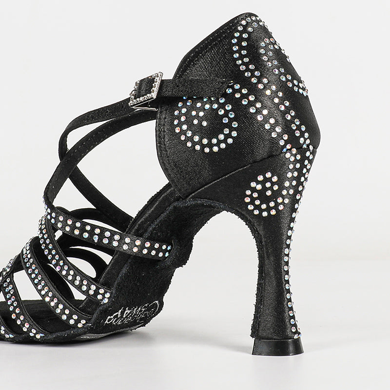 Women's Black Satin Customized Heel Ballroom Rhinestones Strappy Dance Shoes